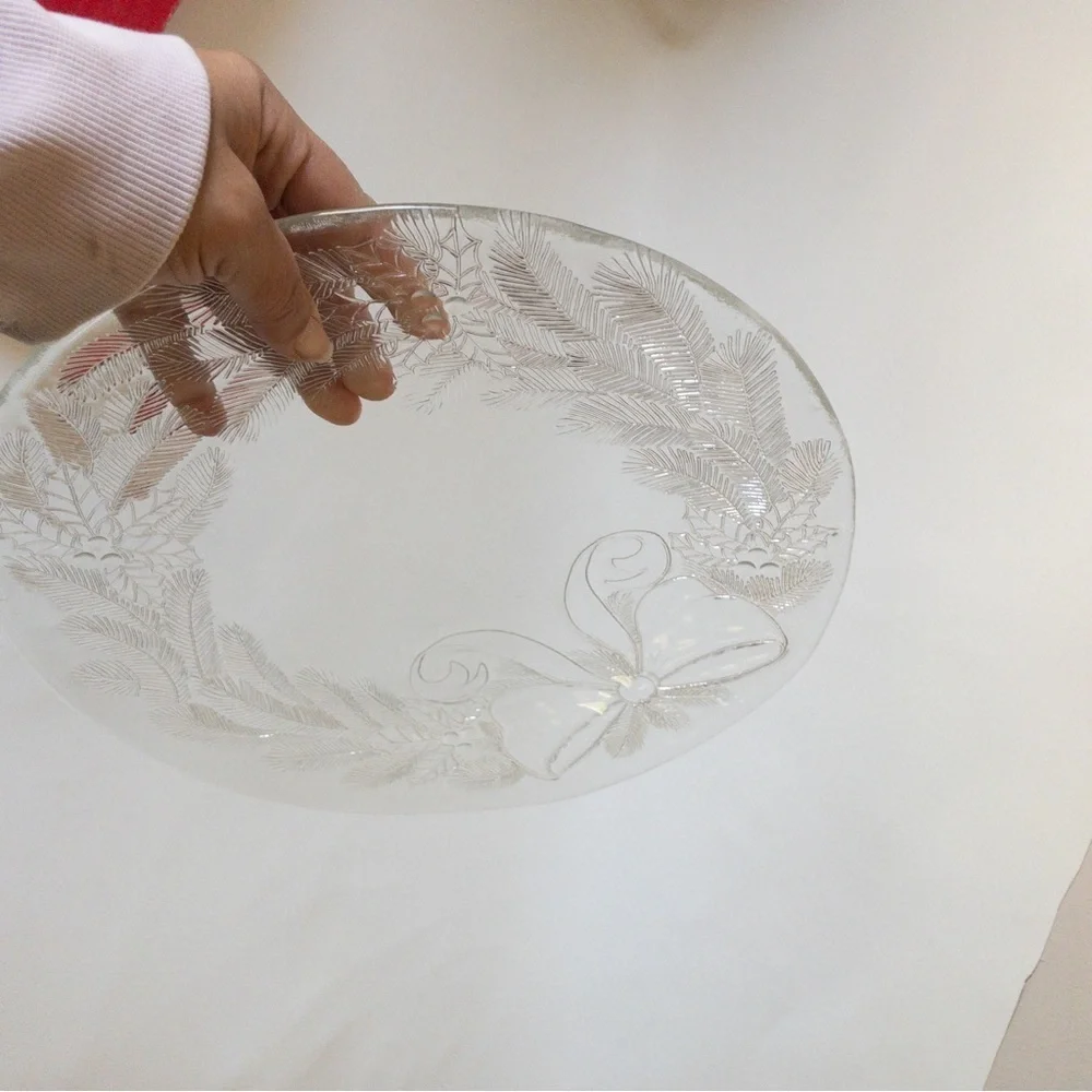 Pilgrim Glass Clear Glass Decorative Plate with Bow Design Christmas Serving